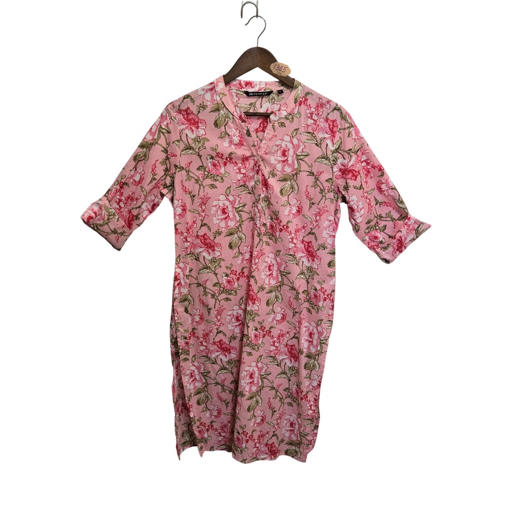 Melange Pink Floral Print Tunic Top Womens‎ Large 3/4 Sleeve Side Pockets V-Neck